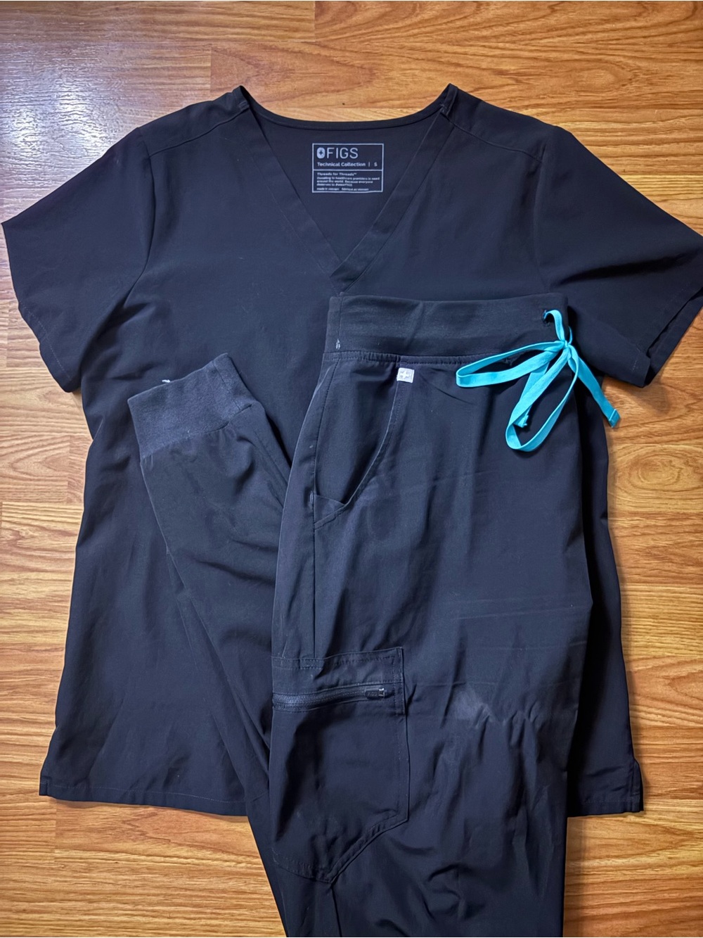 Figs black Scrub Top and Pants with Teal Drawstring Accent